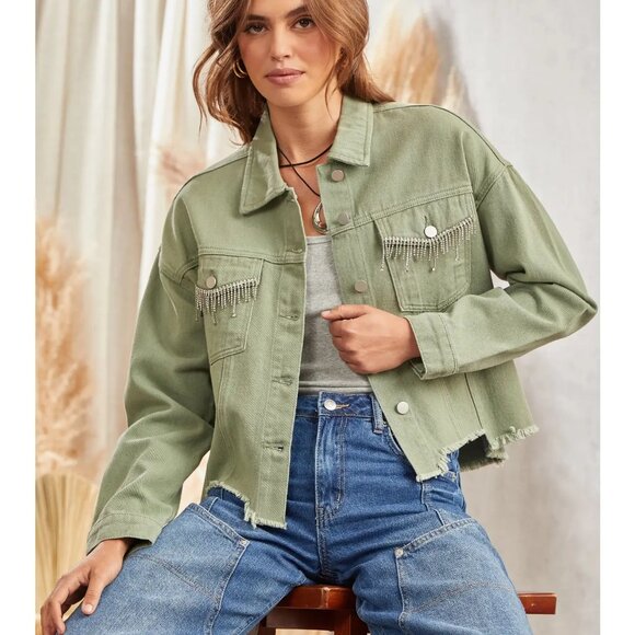 NWT Rhinestone Detail Denim Jacket  in Sage Green - Picture 3 of 6